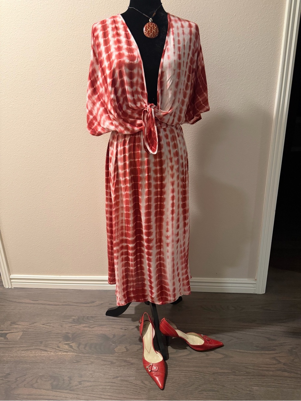 Tie-Dye Red Midi Dress with Front Tie